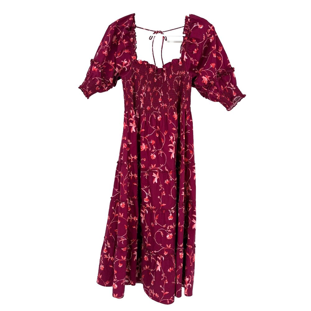 Hill House Home Nesli Nap Midi Dress Smocked Tiered Floral Pink Puff Sleeve Sz M
